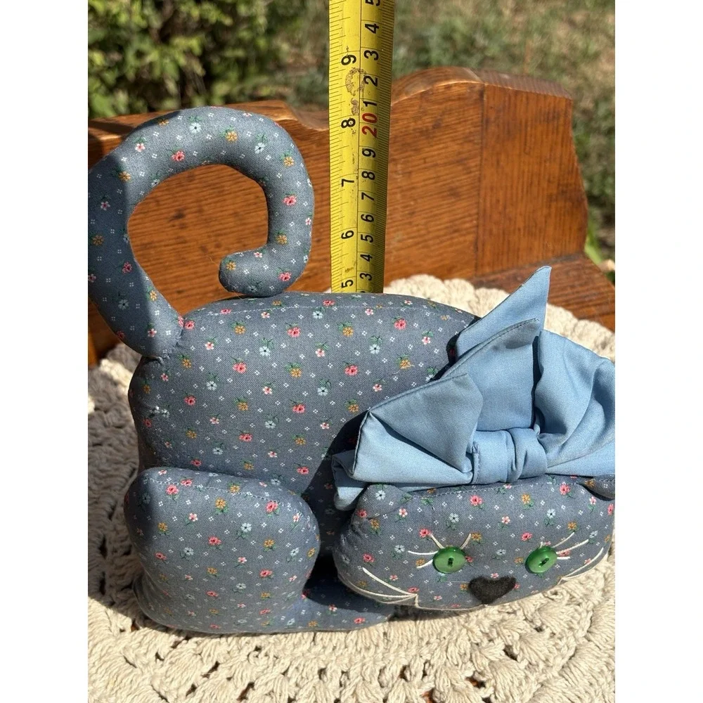 Vintage Handmade Blue Floral Fabric Cat Figure Pillow Cushion 8